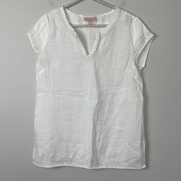 Saint Tropez West Tops - Saint Tropez West White Linen Crochet-Trim Cap Sleeve Top